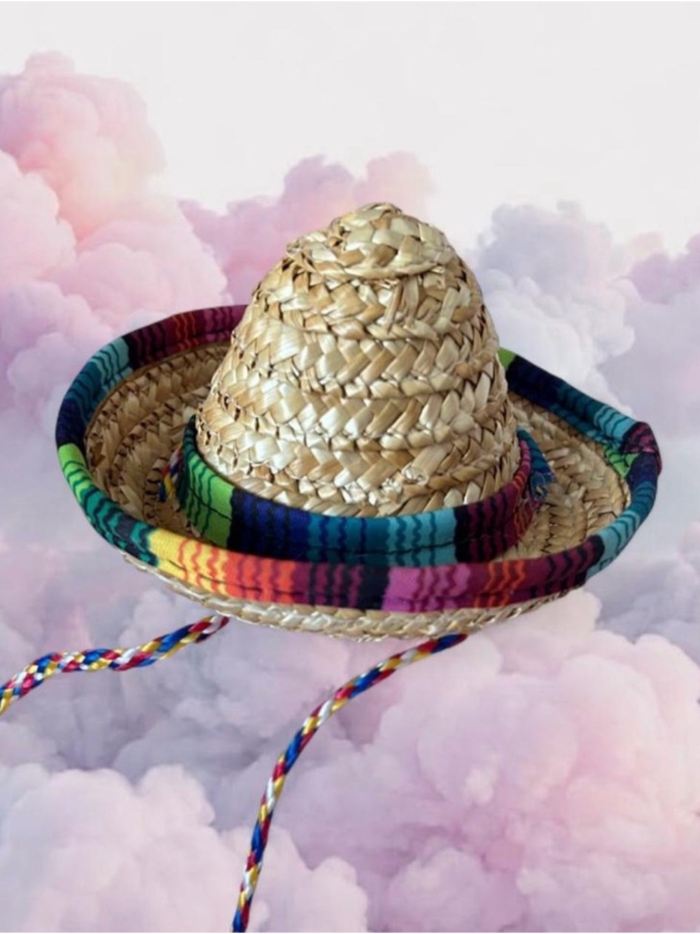 Straw Sombrero Hat with Rainbow Trim